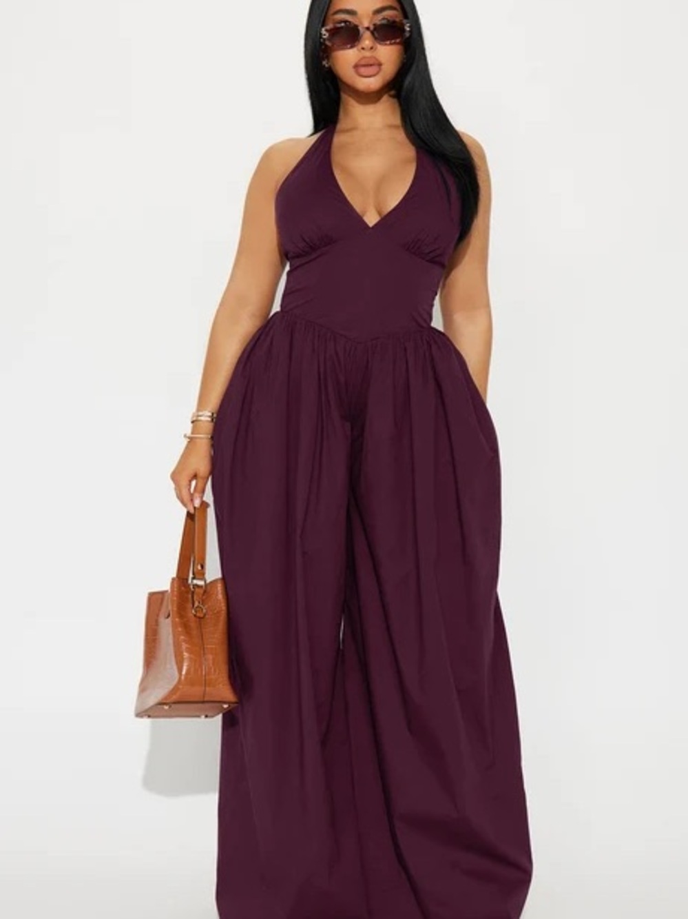 Fashion Nova Halter V-Neck Wide-Leg Jumpsuit in Plum